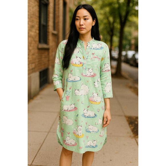 Nick & Nora Mint Green Long Sleeve Nightshirt With Cat Print & Mandarin Collar - Picture 12 of 12